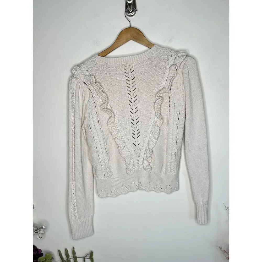 REBECCA TAYLOR Ruffle Scalloped Hem Cotton Sweater Ivory Sz L $218 {H46}